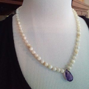 Vintage Amethyst, Mother of Pearl, Gold accent beads Necklace 20 inch